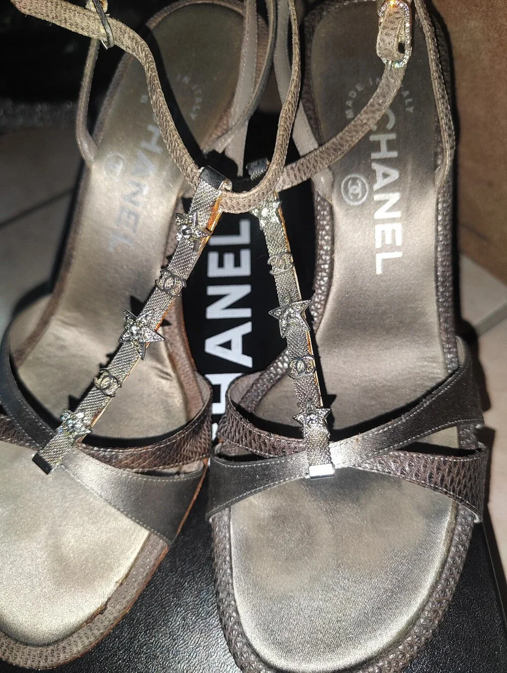 CHANEL satin rhinestone heels/sandals